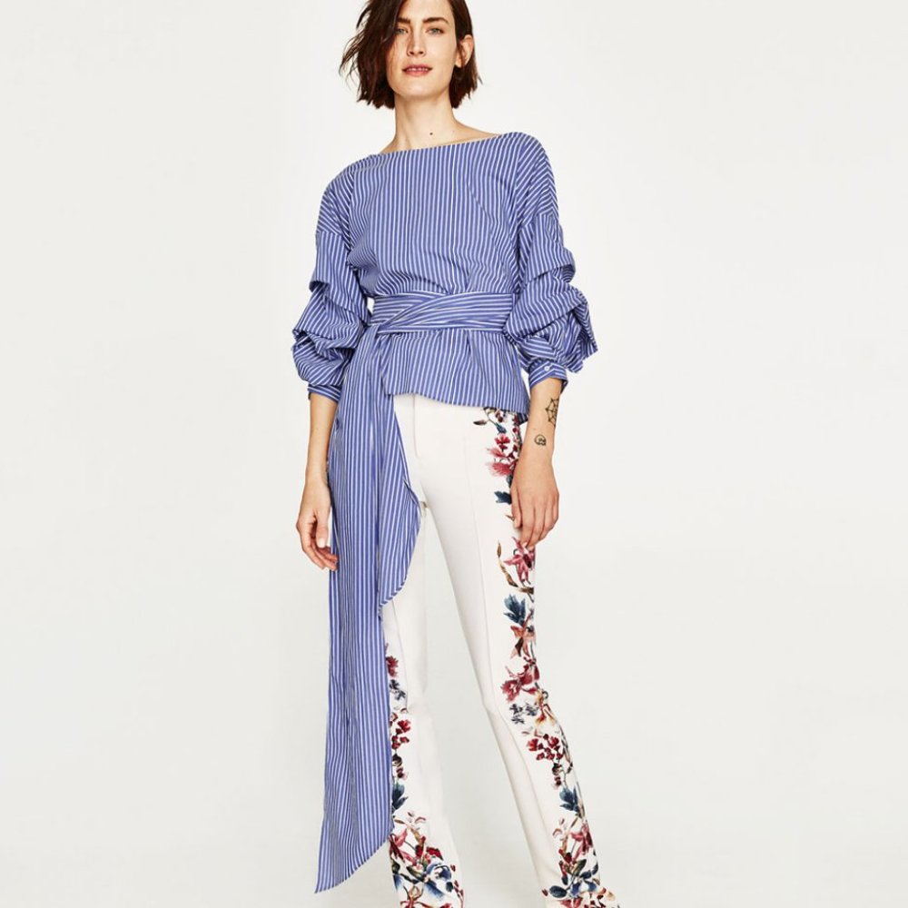 Stripe Pleated Ruched Belted Crossover Blouse